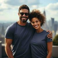 Illustration of a couple fashion portrait with plain t-shirt mockup, AI Generated photo