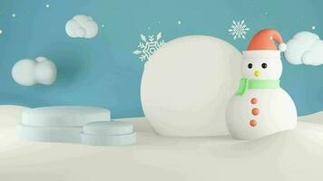 3d animato inverno i saldi sociale media inviare modello con bianca podio, fiocco di neve e pupazzo di neve, sorprendente per viaggio agenzie, Prodotto promozione, Natale e nuovo anno saluti. video