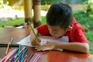 asiático Niños son contento a dibujar su imaginaciones y pintar con lápices de color en su de repuesto hora a hogar durante colegio vacaciones. suave y selectivo enfocar. foto