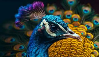 Majestic peacock displays vibrant colors, captivating with its elegant beauty generated by AI photo