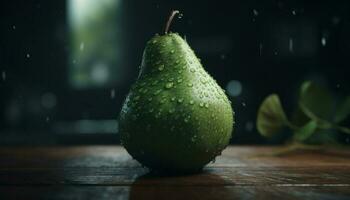 Fresco orgánico Fruta en un mojado mesa, un sano bocadillo generado por ai foto