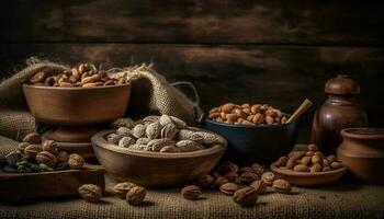 Organic nut bowl, nature gourmet snack, a healthy variation generated by AI photo