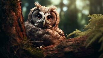 Majestic owl perched on branch, staring with wisdom and mystery generated by AI photo