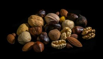 Almond with nut nature, hazelnut, nutshell, walnut, snack, variation, healthy eating generated by AI photo