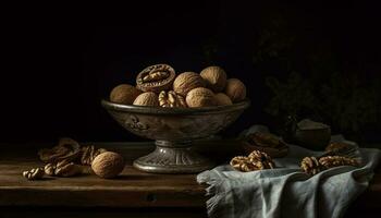 A rustic bowl of organic nuts, a healthy autumn snack generated by AI photo