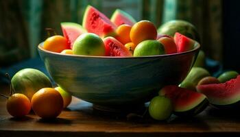 Freshness and nature on a rustic table, healthy eating with fruit generated by AI photo