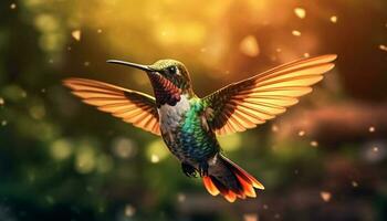 Hummingbird hovers, spreads vibrant wings, pollinates, illuminates nature beauty generated by AI photo