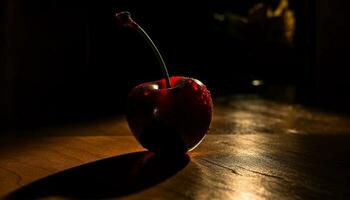 Fresh, ripe apple on a wooden table, symbolizing love and health generated by AI photo