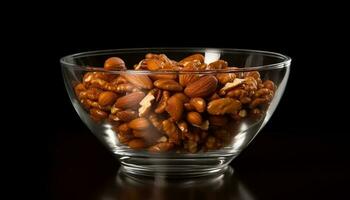 Organic almond snack in glass jar reflects healthy nature freshness generated by AI photo