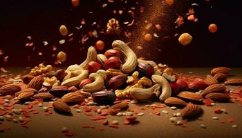 A healthy snack  almond, cashew, hazelnut, walnut, pumpkin, pecan generated by AI photo