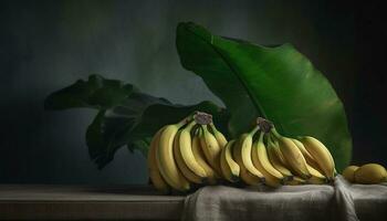 fresco, maduro, orgánico plátano en de madera mesa, un sano bocadillo generado por ai foto