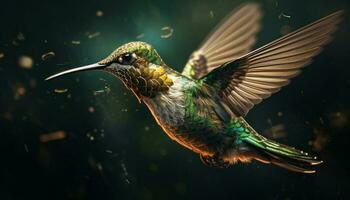 colibrí volador, plumado belleza en naturaleza, flotando, vibrante iridiscente difuminar generado por ai foto