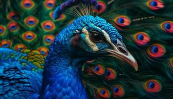 Majestic peacock displays vibrant colors, showcasing beauty in nature generated by AI photo