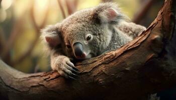 Cute koala, marsupial mammal, sitting on eucalyptus tree branch generated by AI photo