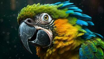 Vibrant macaw perching on branch, showcasing beauty in nature generated by AI photo