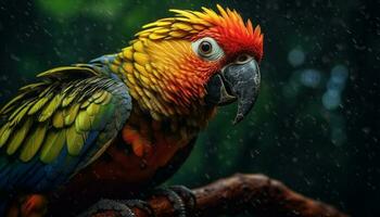 Vibrant macaw perched on branch, showcasing beauty in nature generated by AI photo