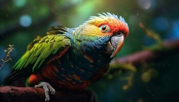 vibrante guacamayo encaramado en un rama, exhibiendo naturaleza vistoso belleza generado por ai foto