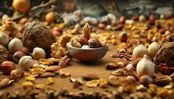 A large group of fresh, organic nuts in a bowl generated by AI photo