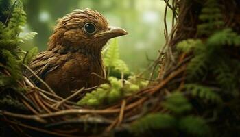 linda pájaro encaramado en rama, mirando a cámara en bosque generado por ai foto