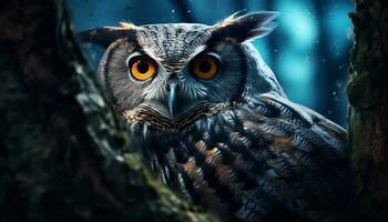 Majestic owl perched on branch, staring with piercing animal eye generated by AI photo