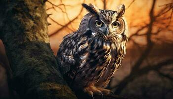 Eagle owl perching on branch, staring with wisdom and beauty generated by AI photo