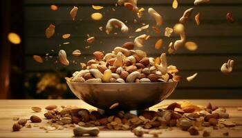Healthy eating  Fresh almond snack, organic cashew, gourmet walnut meal generated by AI photo