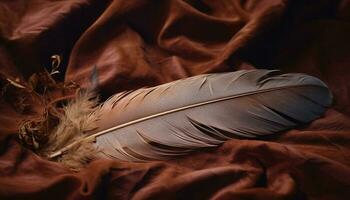 Feather quill pen writes literature, animal decoration on pillow generated by AI photo