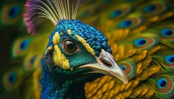 Majestic peacock displays vibrant colors, showcasing beauty in nature generated by AI photo