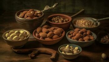 A bowl of organic nuts, a spoonful of healthy eating generated by AI photo