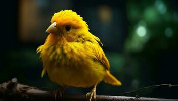 Cute small bird perching on branch, looking at camera generated by AI photo