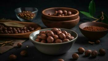 A rustic table with a large bowl of organic nuts generated by AI photo