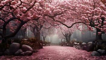 Cereza florecer árbol en un tranquilo japonés jardín a noche generado por ai foto