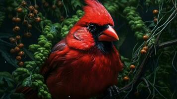 A vibrant cardinal perching on a branch in the forest generated by AI photo