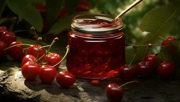 Freshness of nature bounty on a wood table, gourmet jar delights generated by AI photo