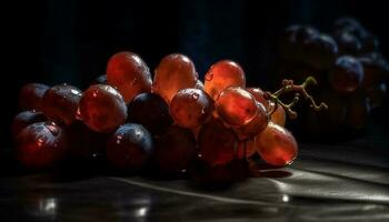 Ripe grape bunches on wooden table, nature sweet refreshment generated by AI photo