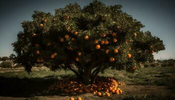maduro naranja Fruta en rama, otoño puesta de sol en rural huerta generado por ai foto
