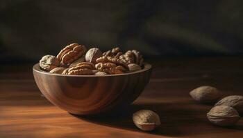 A rustic bowl of fresh organic nuts, a healthy snack generated by AI photo