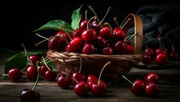 Freshness of ripe fruit in a nature basket on wooden table generated by AI photo