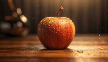 Fresh apple on wooden table, wet drop, nature organic, ripe sweetness generated by AI photo