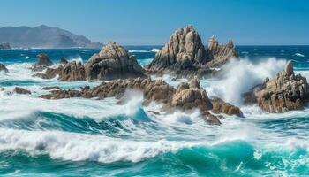 Majestic waves break on the rocky coastline, creating a stunning seascape generated by AI photo