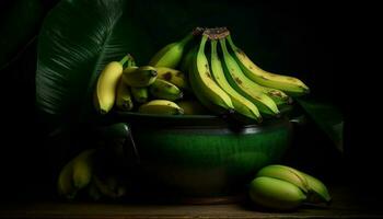 fresco, orgánico, maduro plátano en un rústico de madera mesa generado por ai foto