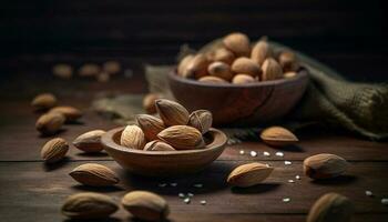 Organic nut snack  almond, hazelnut, walnut, cashew, pecan, healthy eating generated by AI photo