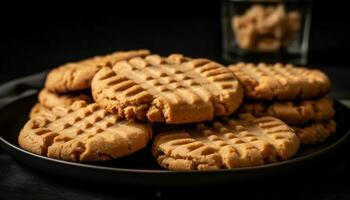 A homemade chocolate chip cookie on a rustic wooden plate generated by AI photo