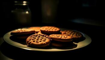 recién horneado hecho en casa chocolate chip galletas en un rústico de madera mesa generado por ai foto