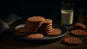 un apilar de hecho en casa chocolate chip galletas en un de madera mesa generado por ai foto