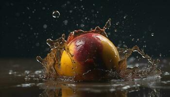 Splashing water, fresh fruit, liquid motion, refreshing drink, gourmet dessert generated by AI photo