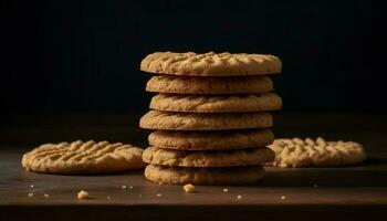 A stack of homemade chocolate chip cookies on a wooden table generated by AI photo