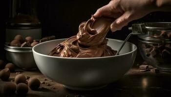 Homemade dark chocolate dessert mixing in a rustic kitchen bowl generated by AI photo