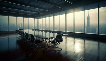 An empty office with modern architecture, glass walls, and sunlight generated by AI photo