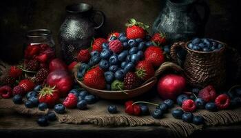 Freshness of summer berries on a rustic table, a healthy snack generated by AI photo